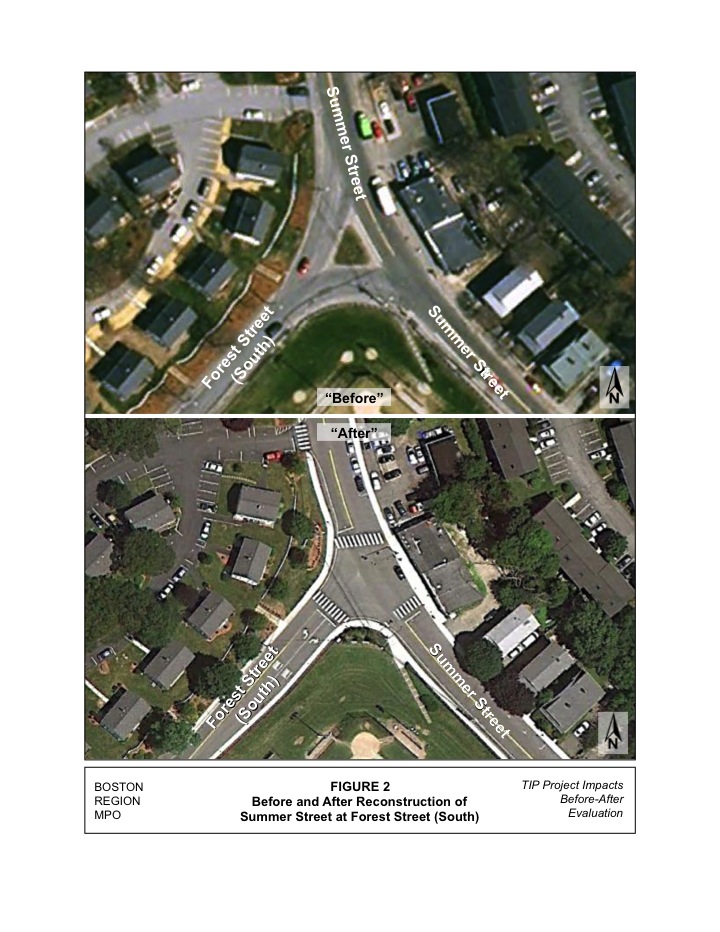 Aerial photos showing  the Summer Street at Forest Street (South) intersection before and after the reconstruction of the intersection.